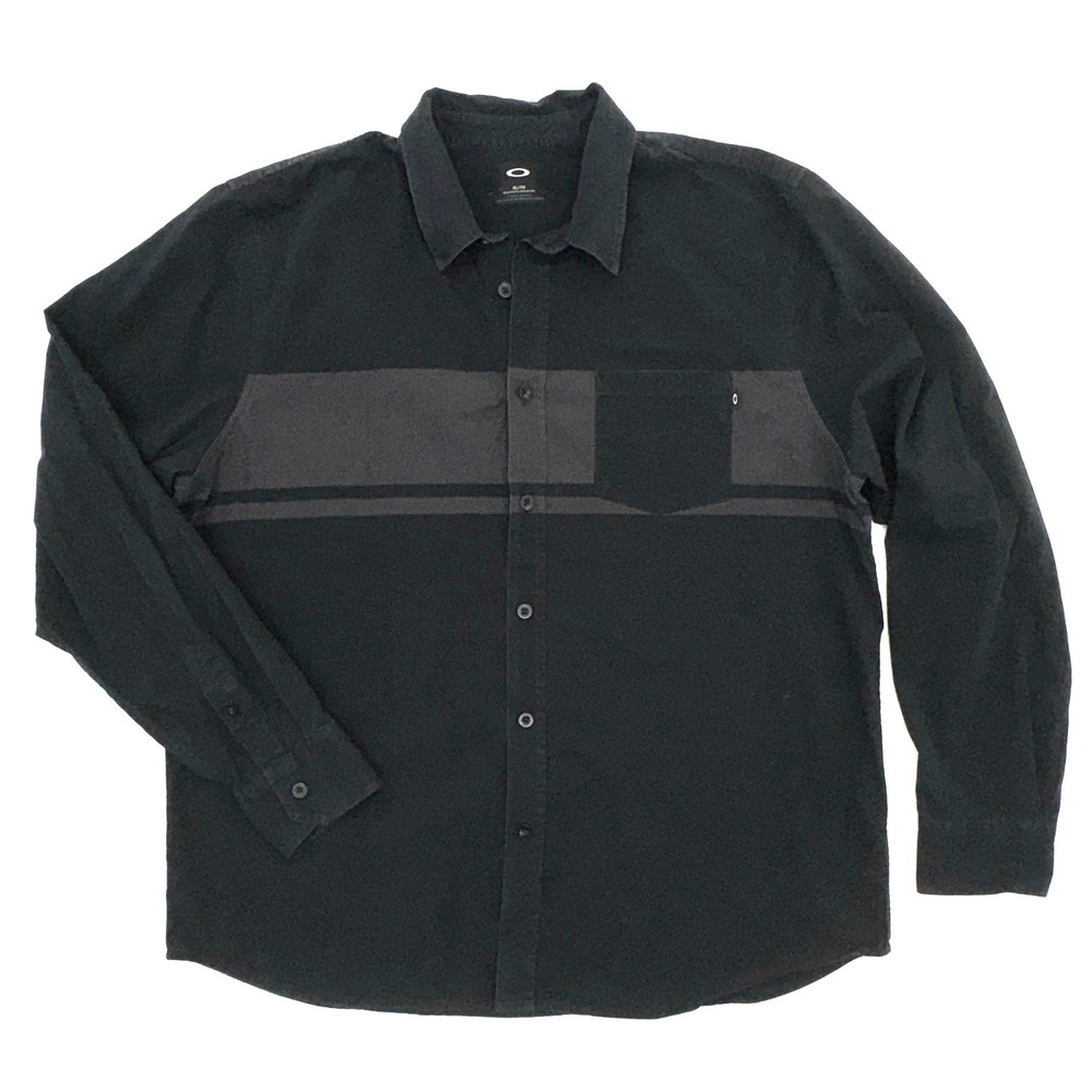 OAKLEY Men's Button Front Shirt Black Grey Chest Stripe Pocket Long Sleeve Sz XL